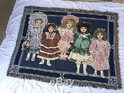 Vintage Victorian Porcelain Doll Girls Woven Tapestry Throw Blanket with fringe