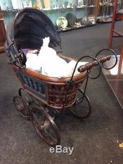 Vintage Victorian STYLE Metal And Wooden Dolls Pram With Porcelain Doll