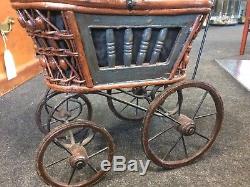 Vintage Victorian STYLE Metal And Wooden Dolls Pram With Porcelain Doll