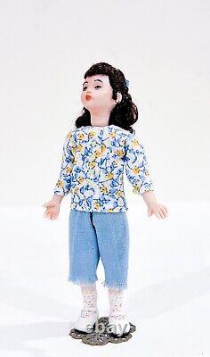 Vintage Victorian Style Little Girl Child with Dark Hair Porcelain Mini Doll