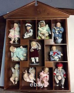 Vintage Wall Mount Shelf With Porcelain Dolls. Collectible Dolls Size 7