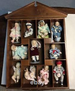 Vintage Wall Mount Shelf With Porcelain Dolls. Collectible Dolls Size 7