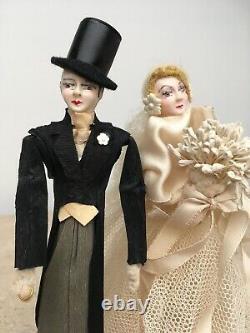 Vintage Wedding Party Cake Topper Bride Groom Dolls Crepe Paper Celluloid 1930's