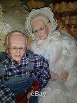 Vintage William L Wallace Old Grandma & Grandpa Man Doll Set Porcelain Cloth