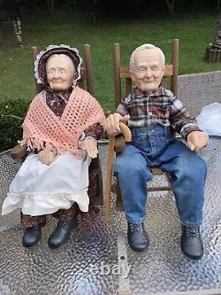 Vintage William Wallace Jr Grandma & Grandpa Porcelain Dolls 31-32 With Chairs