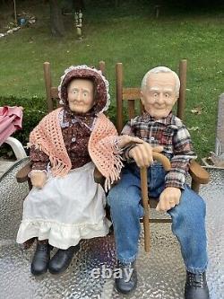 Vintage William Wallace Jr Grandma & Grandpa Porcelain Dolls 31-32 With Chairs