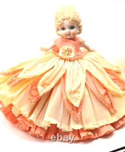 Vintage bisqjue Porcelain Finger Wave Hair Doll 8 With Crepe Paper Gown Japan