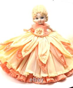 Vintage bisqjue Porcelain Finger Wave Hair Doll 8 With Crepe Paper Gown Japan