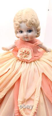 Vintage bisqjue Porcelain Finger Wave Hair Doll 8 With Crepe Paper Gown Japan