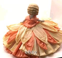 Vintage bisqjue Porcelain Finger Wave Hair Doll 8 With Crepe Paper Gown Japan