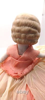 Vintage bisqjue Porcelain Finger Wave Hair Doll 8 With Crepe Paper Gown Japan