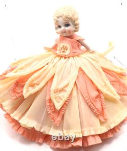 Vintage bisqjue Porcelain Finger Wave Hair Doll 8 With Crepe Paper Gown Japan