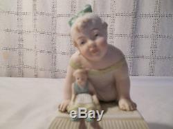 Vintage bisque porcelain piano baby withdoll trinket box Germany Rare