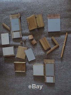 Vintage dollhouse furniture lot with 2 porcelain dolls colonial