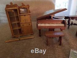 Vintage dollhouse furniture lot with 2 porcelain dolls colonial