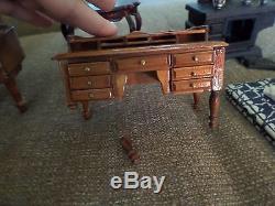 Vintage dollhouse furniture lot with 2 porcelain dolls colonial