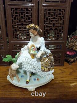 Vintage lg dresden lace porcelain German figurine figural group doll gold dress