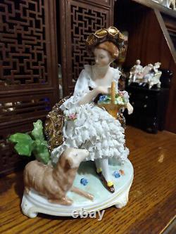 Vintage lg dresden lace porcelain German figurine figural group doll gold dress
