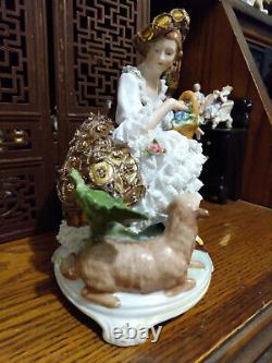 Vintage lg dresden lace porcelain German figurine figural group doll gold dress