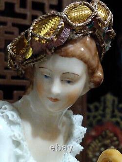 Vintage lg dresden lace porcelain German figurine figural group doll gold dress