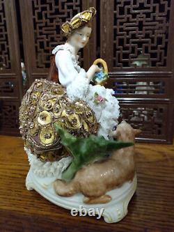 Vintage lg dresden lace porcelain German figurine figural group doll gold dress