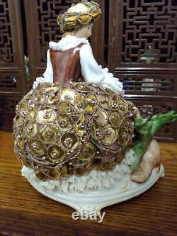 Vintage lg dresden lace porcelain German figurine figural group doll gold dress