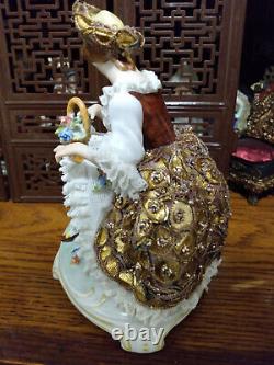 Vintage lg dresden lace porcelain German figurine figural group doll gold dress