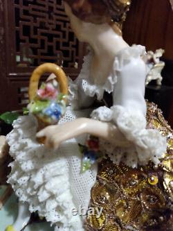 Vintage lg dresden lace porcelain German figurine figural group doll gold dress