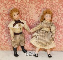 Virginia Davis Orenyo Vintage Pair of Sibling Dolls Artisan Dollhouse Miniature