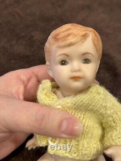 Vtg ARTISAN PORCELAIN BABY DOLL Brown Glass Eyes Bisque Jointed-Limbs 9 inches