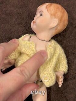 Vtg ARTISAN PORCELAIN BABY DOLL Brown Glass Eyes Bisque Jointed-Limbs 9 inches