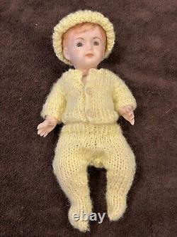 Vtg ARTISAN PORCELAIN BABY DOLL Brown Glass Eyes Bisque Jointed-Limbs 9 inches