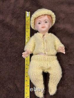 Vtg ARTISAN PORCELAIN BABY DOLL Brown Glass Eyes Bisque Jointed-Limbs 9 inches