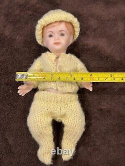 Vtg ARTISAN PORCELAIN BABY DOLL Brown Glass Eyes Bisque Jointed-Limbs 9 inches