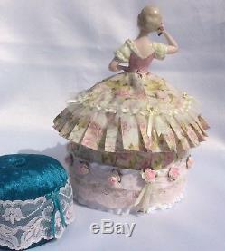 Vtg German Porcelain Half Doll with legs, Traditional German Dress Pincushion