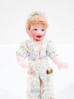 Vtg Little Girl with Paint Floral Jumpsuit Porcelain Doll Miniature Scale 112