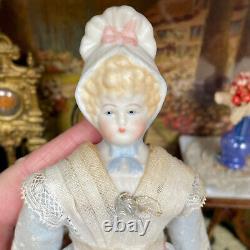 Vtg Porcelain BONNET HEAD DOLL Handmade Signed Lace Dress Bisque Parian Antique