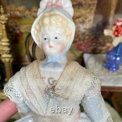 Vtg Porcelain BONNET HEAD DOLL Handmade Signed Lace Dress Bisque Parian Antique