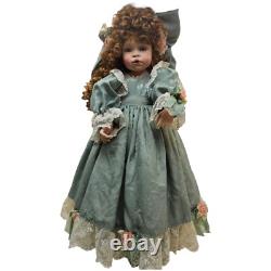 Vtg Porcelain Doll 2003 Pamela Erff #96/500 28 Brown Curly Hair Sage Green