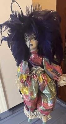 Vtg Porcelain Harlequin Doll With Purple Feather Head DressingXLG Mint