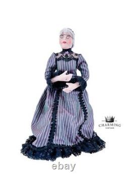 Vtg Victorian OOAK Elder Lady Porcelain Doll withBlack Laced Dress & Glasses