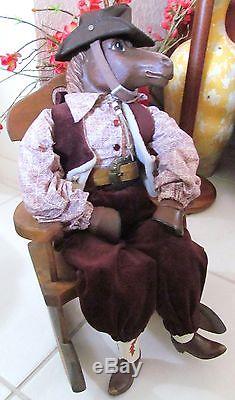 Western HORSE DOLL Figure SIGNED 1999 PORCELAIN CLOTH with 26 Wood Rocker VTG