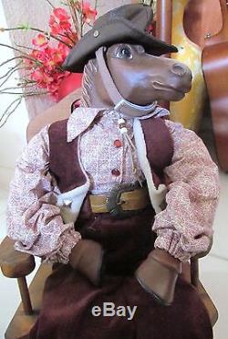 Western HORSE DOLL Figure SIGNED 1999 PORCELAIN CLOTH with 26 Wood Rocker VTG