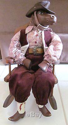 Western HORSE DOLL Figure SIGNED 1999 PORCELAIN CLOTH with 26 Wood Rocker VTG