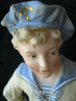 1800's Allemand Gebruder Heubach Large 11porcelain Bisque Figurine Piano Baby Boy