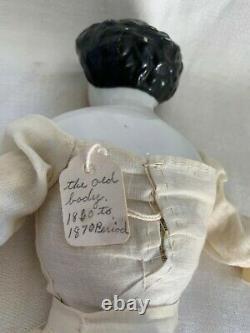 1860 1870 Porcelaine Head Doll Cloth Body Black Hair Blue Eye Beauty Antique Pink