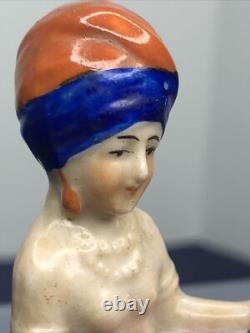 2.5 Poupée en bisque allemande antique demi 1/2 allongée avec turban indien et miroir #CC