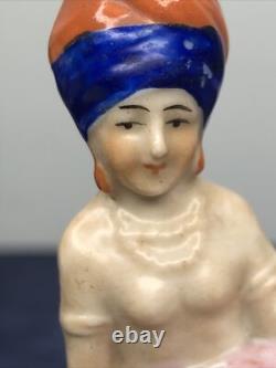 2.5 Poupée en bisque allemande antique demi 1/2 allongée avec turban indien et miroir #CC