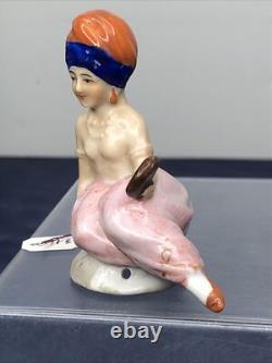 2.5 Poupée en bisque allemande antique demi 1/2 allongée avec turban indien et miroir #CC