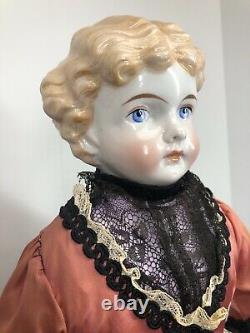 22 Antique Porcelaine Allemande Chine Tête Kling Bell Blonde Early Cloth Body #sc5